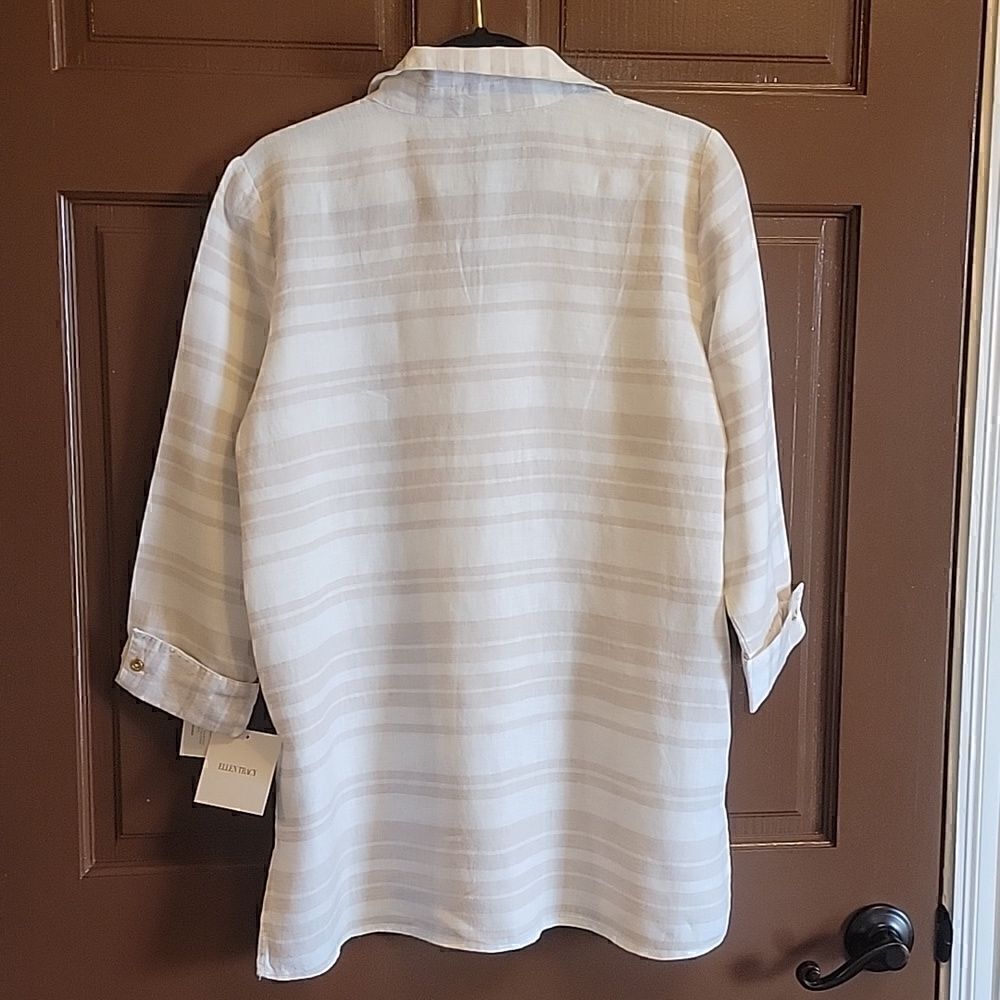 Ellen Tracy-Linen beige/white striped collared top with v-neck. Small. NWT. - Picture 8 of 8